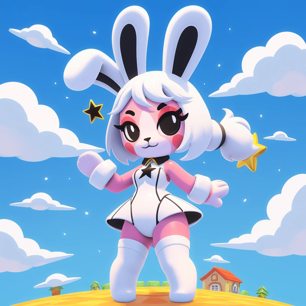 Aelfyre Whitemane dressed in a solid white sci-fi-like bunny costume with a black star badge surrounded by skies and white clouds in animal crossing art style