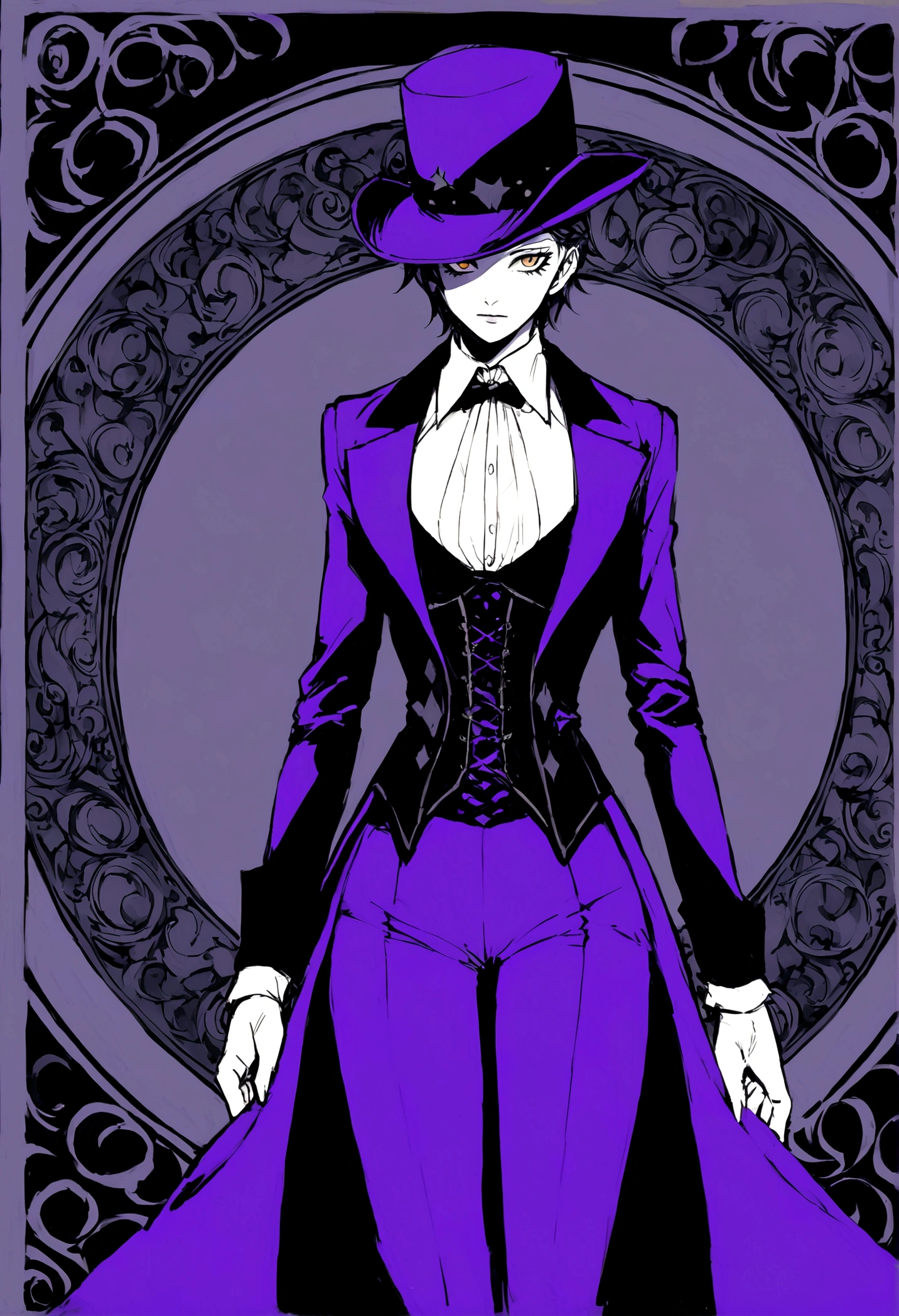 BNHA style hero costume, must look like a magician. It should be a masculine suit for a slim body. Use purple and similar colors. Includes a witcher&#39;s hat and corset.