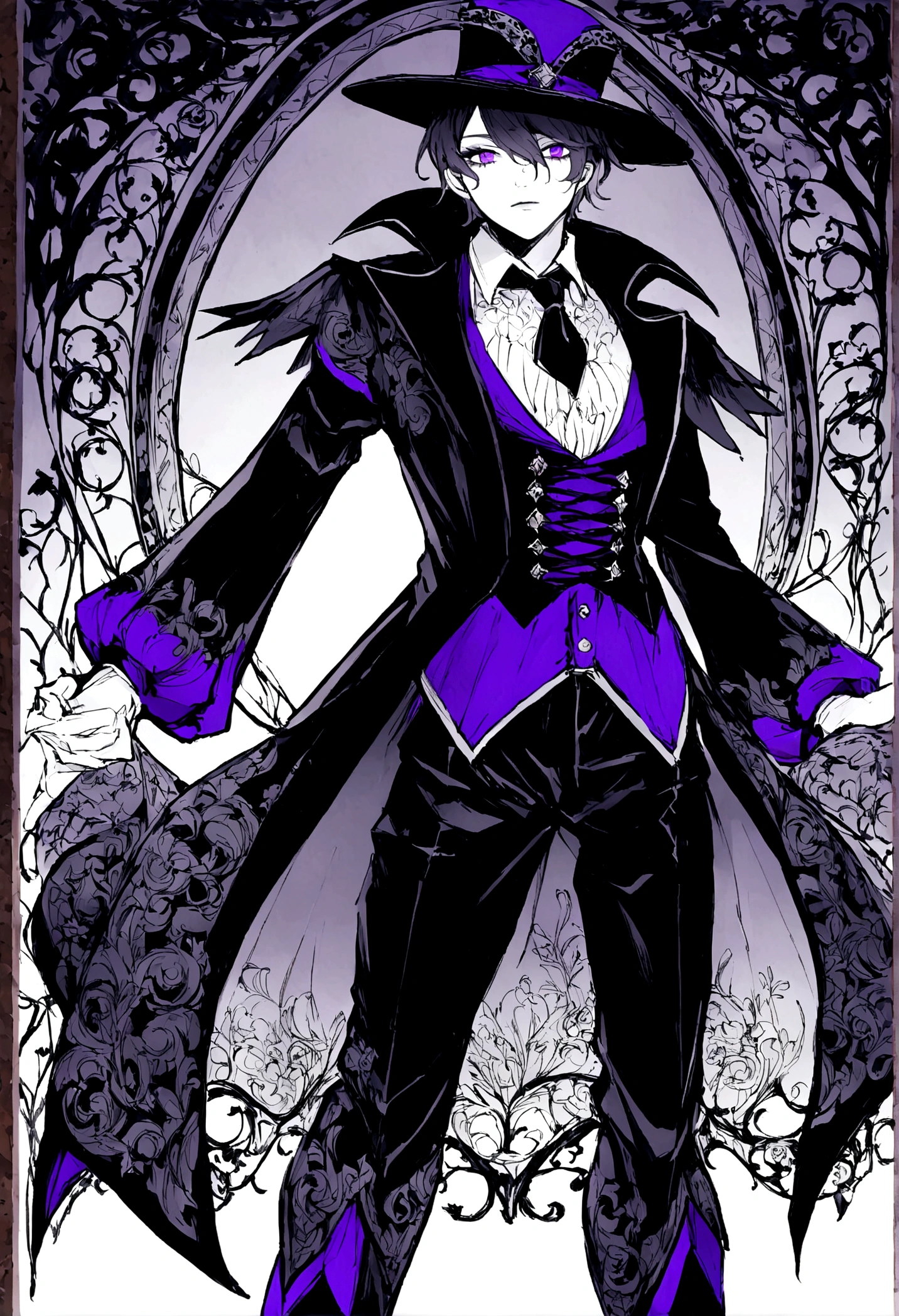 BNHA style hero costume, must look like a magician. It should be a masculine suit for a slim body. Use purple and similar colors. Includes a witcher&#39;s hat and corset.