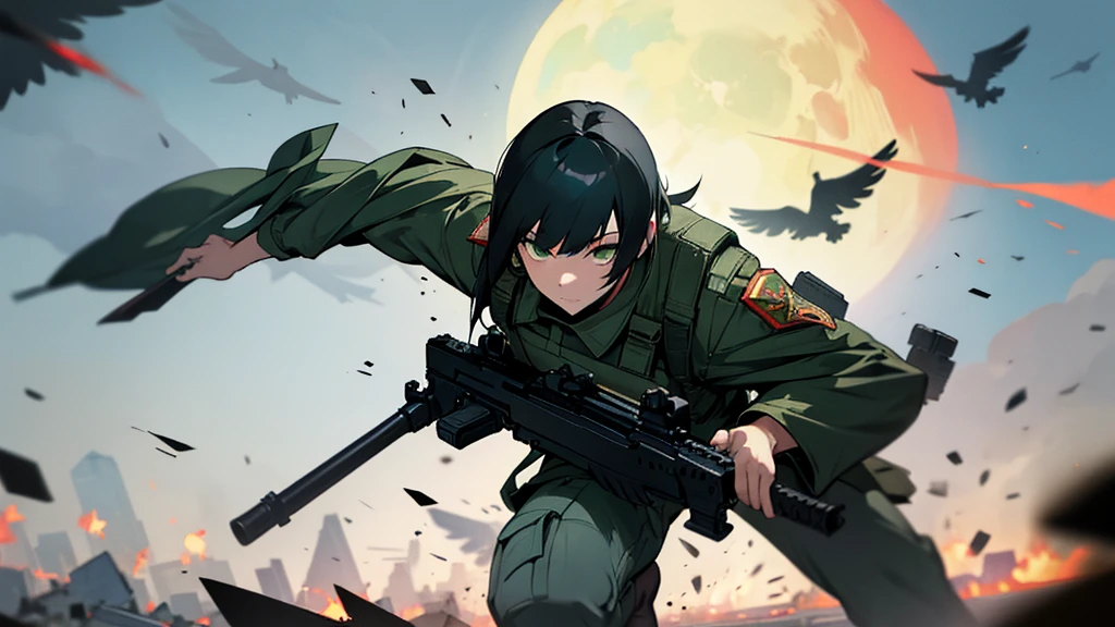 1man, close up, asian, short black hair, green eyes, wearing american soldier uniform, running towards viewer, shooting assault rifle, oversized bird, prophet, operations, luna, war torn city, explosions, absurdres, high res, ultrasharp, 8K, masterpiece, looking at viewer