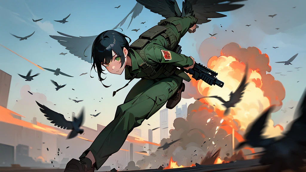 1man, close up, asian, short black hair, green eyes, wearing american soldier uniform, running towards viewer, shooting assault rifle, oversized bird, prophet, operations, luna, war torn city, explosions, absurdres, high res, ultrasharp, 8K, masterpiece, looking at viewer