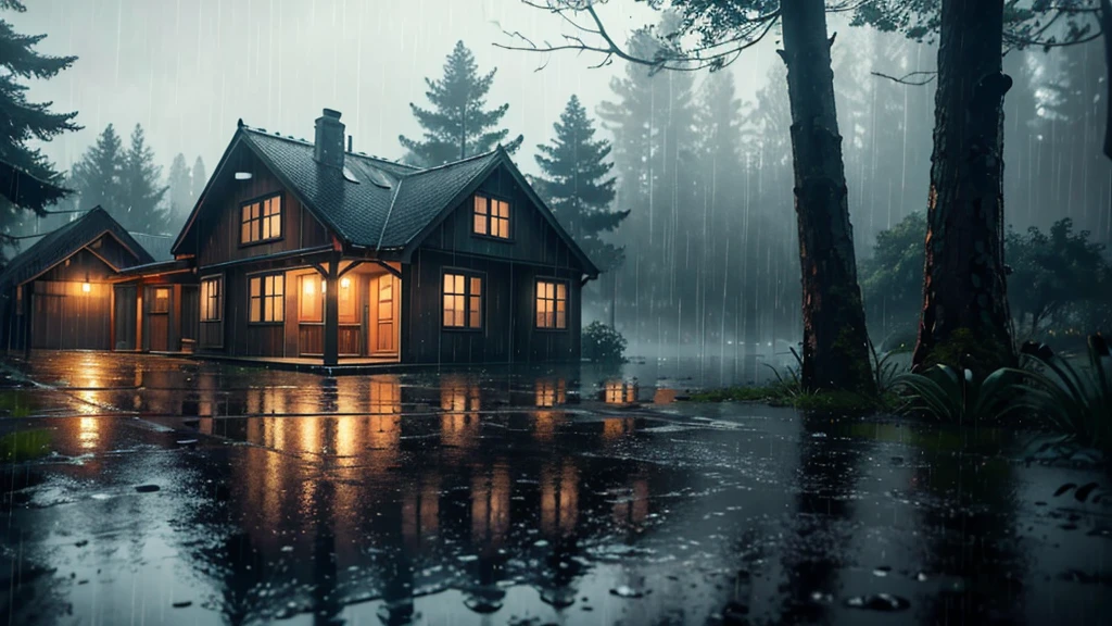 there is a house in wood in the rain with a lot of rain on it, a lot of trees, gloomy weather. hyperrealistic, rainy scene, at evening during rain, rainy day. game render, rainy evening, rainy night, raining at night, cryengine render 8 k, rain falling, unreal 6 breathtaking detailed, unreal engine realistic render, rain aesthetic, ultra realistic picture, rainy and relax atmosphere