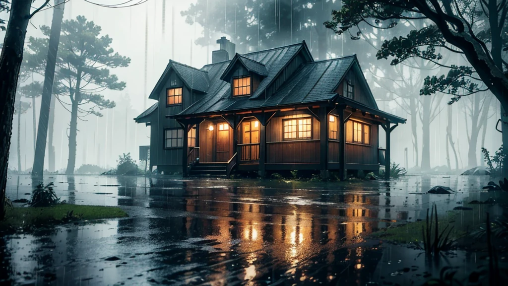there is a house in wood in the rain with a lot of rain on it, a lot of trees,  gloomy weather. hyperrealistic, rainy scene, at evening during rain, rainy day. game render, rainy evening, rainy night, raining at night, cryengine render 8 k, rain falling, unreal 6 breathtaking detailed, unreal engine realistic render, rain aesthetic, ultra realistic picture, rainy and relax atmosphere