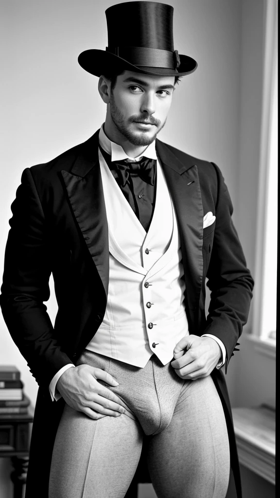 A sexy gentleman,Victorian era fashion, handsome face, black and white photo, homoerotic , focus from head to thighs, crotch, mysterious expression