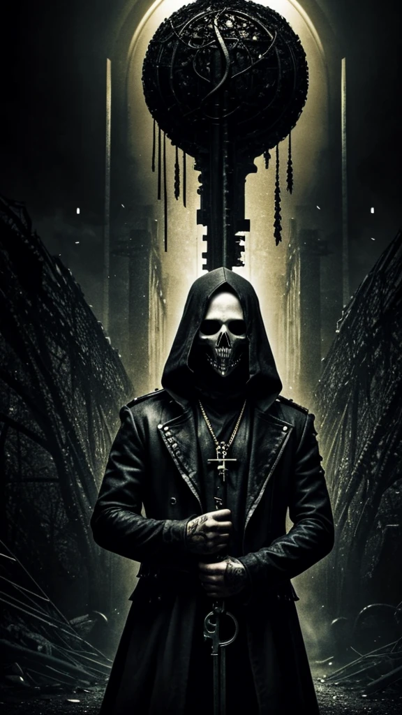 Create a picture for a Metalband called "Niederschlag" the picture is meant to be used in social media. Theme of the picture is "the poison in my head is you!". It has to be dark and dystopian. The key colours are black, grey, white and highlights in gold.