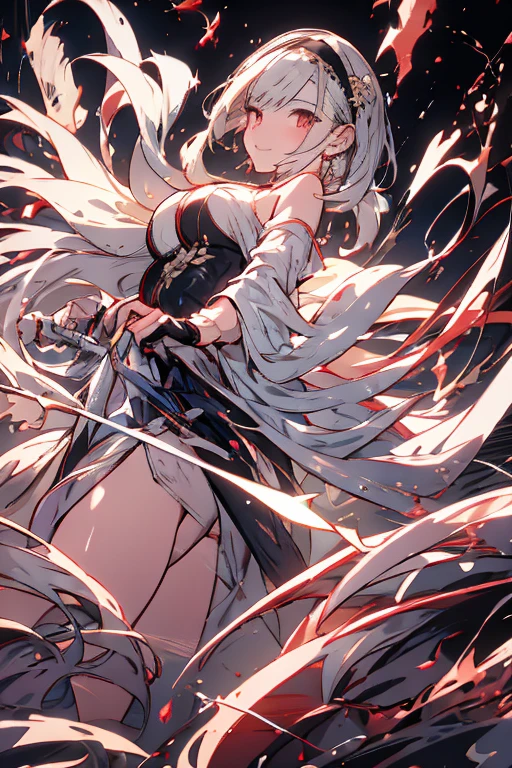 (dynamic angle:1.3, front view:1.1, breast focus:1.3, from below:1.2), (dynamic posing:1.5, sexy posing:1.2, leaning forward), (seductive smiling:1.3),(*K) HD, highest quality, Anime style beutiful woman, 1girl,fullbody, happy, (with sparkling eyes and a contagious smile:1.2), red face, closed mouth, beautiful detailed eyes, super detailed skin, backlighting, bare shoulders, black background, black dress, black gloves, silver hair, breasts, dress, earrings, fingerless gloves, floating hair, floral print, flower, gloves, gold earrings, gold hairband, hair flower, hair ornament, hairband, holding, holding two-hands weapon, jewelry, medium breasts, long hair, looking at viewer, off-shoulder dress, off shoulder,red eyes, short hair with long locks, sidelocks, solo, spikes, thighs, two-sided dress, two-sided fabric, weapon, fighting stance , face, close up, from above, highest quality, high resolution,Real World, Natural light,perfect Natural light,looking at viewer,