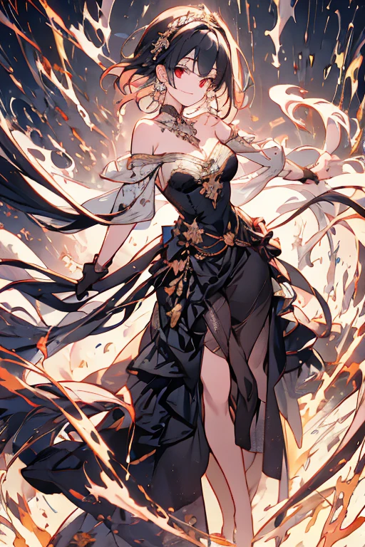 (dynamic angle:1.3, front view:1.1, breast focus:1.3, from below:1.2), (dynamic posing:1.5, sexy posing:1.2, leaning forward), (seductive smiling:1.3),(*K) HD, highest quality, Anime style beutiful woman, 1girl,fullbody, happy, (with sparkling eyes and a contagious smile:1.2), red face, closed mouth, beautiful detailed eyes, super detailed skin, backlighting, bare shoulders, black background, black dress, black gloves, silver hair, breasts, dress, earrings, fingerless gloves, floating hair, floral print, flower, gloves, gold earrings, gold hairband, hair flower, hair ornament, hairband, holding, holding two-hands weapon, jewelry, medium breasts, long hair, looking at viewer, off-shoulder dress, off shoulder,red eyes, short hair with long locks, sidelocks, solo, spikes, thighs, two-sided dress, two-sided fabric, weapon, fighting stance , face, close up, from above, highest quality, high resolution,Real World, Natural light,perfect Natural light,looking at viewer,
