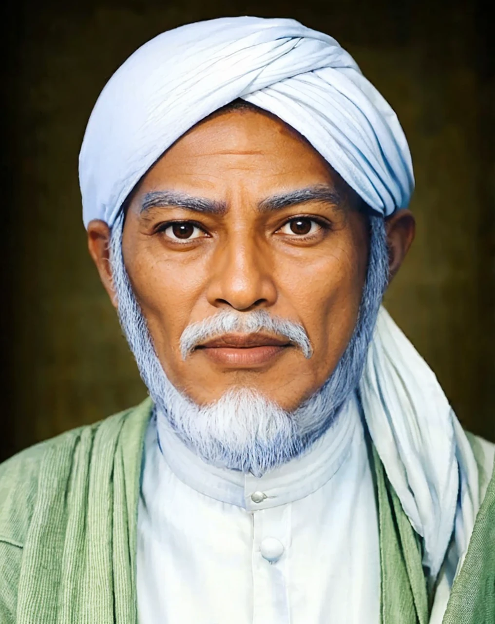 Muslim man, brown skin aged 50 years or over, wearing a shabby cloth robe, cloth turban. Hd realistic photos