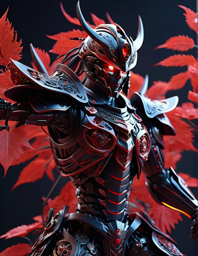 Complex 3d rendering ultra-detailed samurai , biomechanical robot, simulated 150mm shot, beautiful natural soft edge light, crystal , roots, delicate leaf lace, colorful details, screws , intricate details, mesh threads, mandelbro fractals, body muscles, cable wires, microchips, badasses, surreal, ultra-detailed, octane rendering, volumetric lighting, 8k post-production, black and red with a touch of black, metallic skeleton details, samurai , futuristic samurai , power of samurai ,