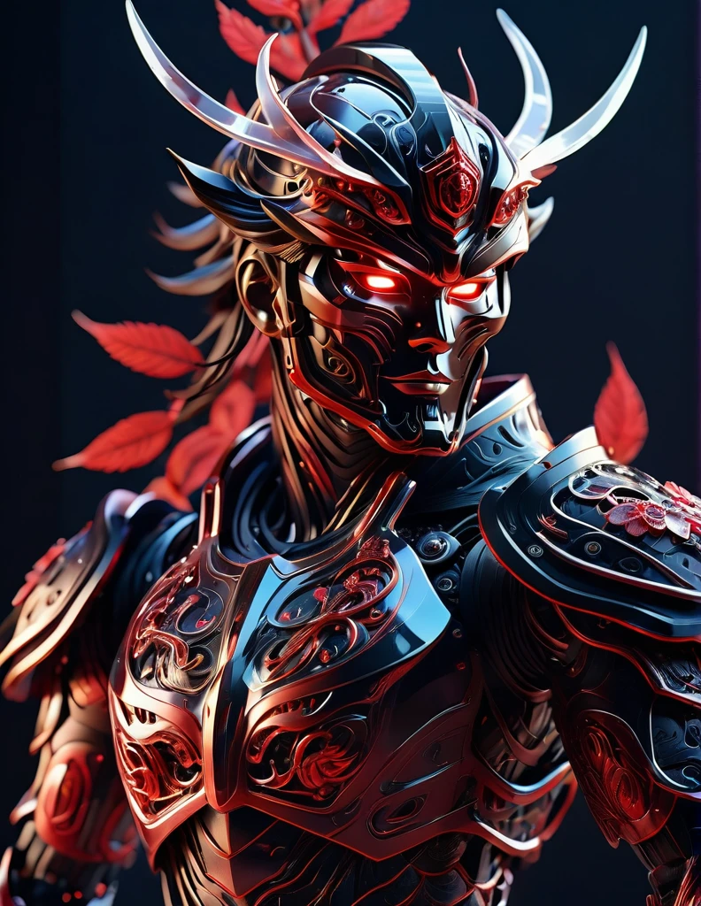 Complex 3d rendering ultra-detailed samurai , biomechanical robot, simulated 150mm shot, beautiful natural soft edge light, crystal , roots, delicate leaf lace, colorful details, screws , intricate details, mesh threads, mandelbro fractals, body muscles, cable wires, microchips, badasses, surreal, ultra-detailed, octane rendering, volumetric lighting, 8k post-production, black and red with a touch of black, metallic skeleton details, samurai , futuristic samurai , power of samurai ,