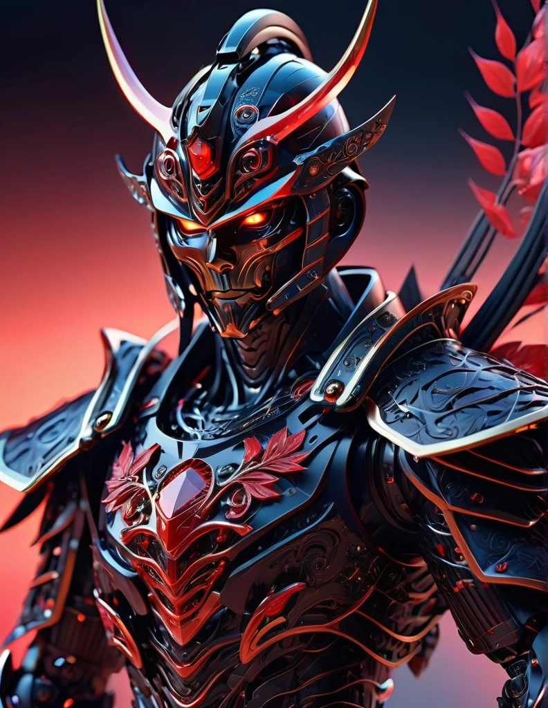 Complex 3d rendering ultra-detailed samurai , biomechanical robot, simulated 150mm shot, beautiful natural soft edge light, crystal , roots, delicate leaf lace, colorful details, screws , intricate details, mesh threads, mandelbro fractals, body muscles, cable wires, microchips, badasses, surreal, ultra-detailed, octane rendering, volumetric lighting, 8k post-production, black and red with a touch of black, metallic skeleton details, samurai , futuristic samurai , power of samurai ,