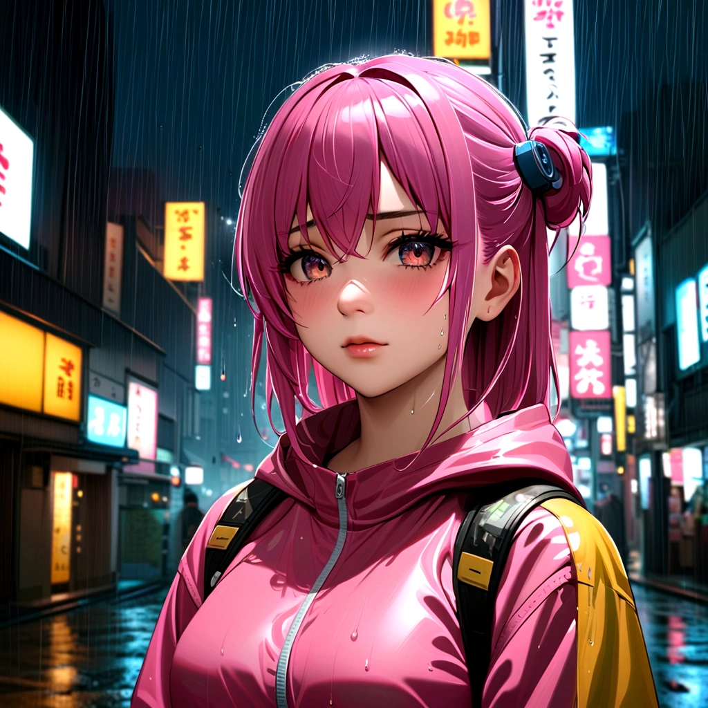 8k, photo and gross, Best Quality, Masterpiece:1.2),(realist, photo-realist:1.37),tokyo street,evening, rain, wet,urban landscape,evening, cyberpunk city,Luz outfit,1 girl,, extremely beautiful face,bust,lower your hands,random hairstyle,random hair color,Random expression,pig