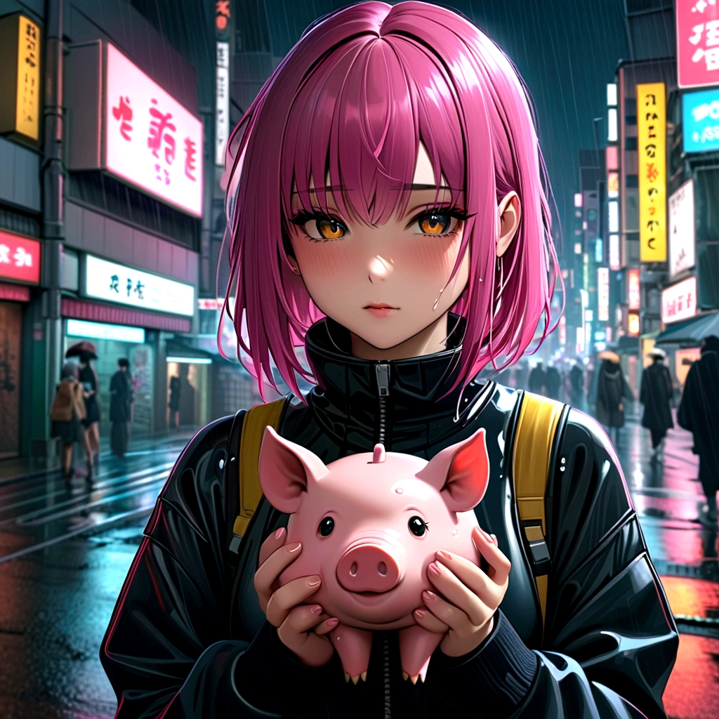 8k, photo and gross, Best Quality, Masterpiece:1.2),(realist, photo-realist:1.37),tokyo street,evening, rain, wet,urban landscape,evening, cyberpunk city,Luz outfit,1 girl,, extremely beautiful face,bust,lower your hands,random hairstyle,random hair color,Random expression,pig