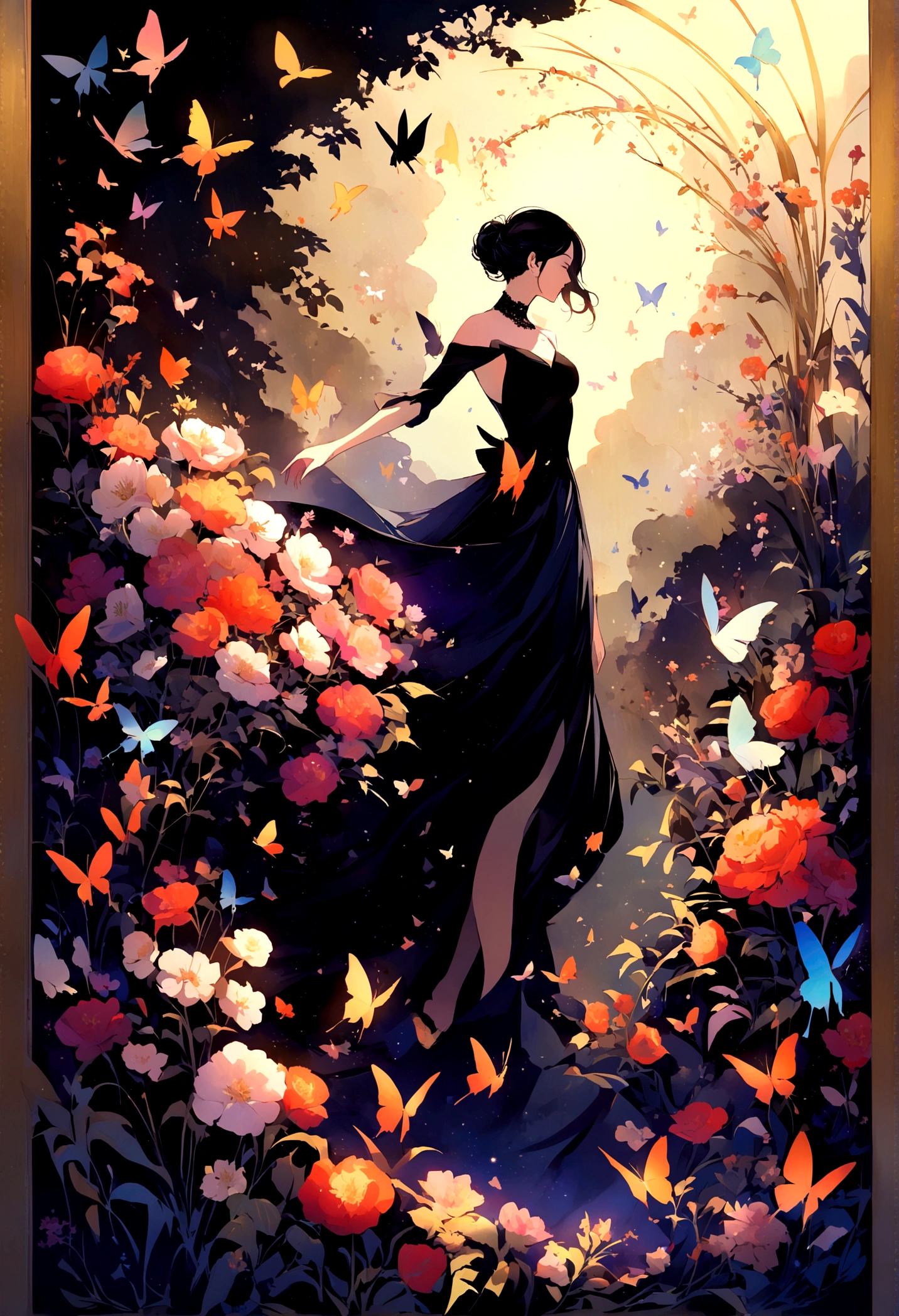 chaos, elegant, vivid colors, art by Anne Bachelier, atmospheric, a woman, elegant, butterflies, flowers blooming, moving, dramatic, whole body, Organic composition