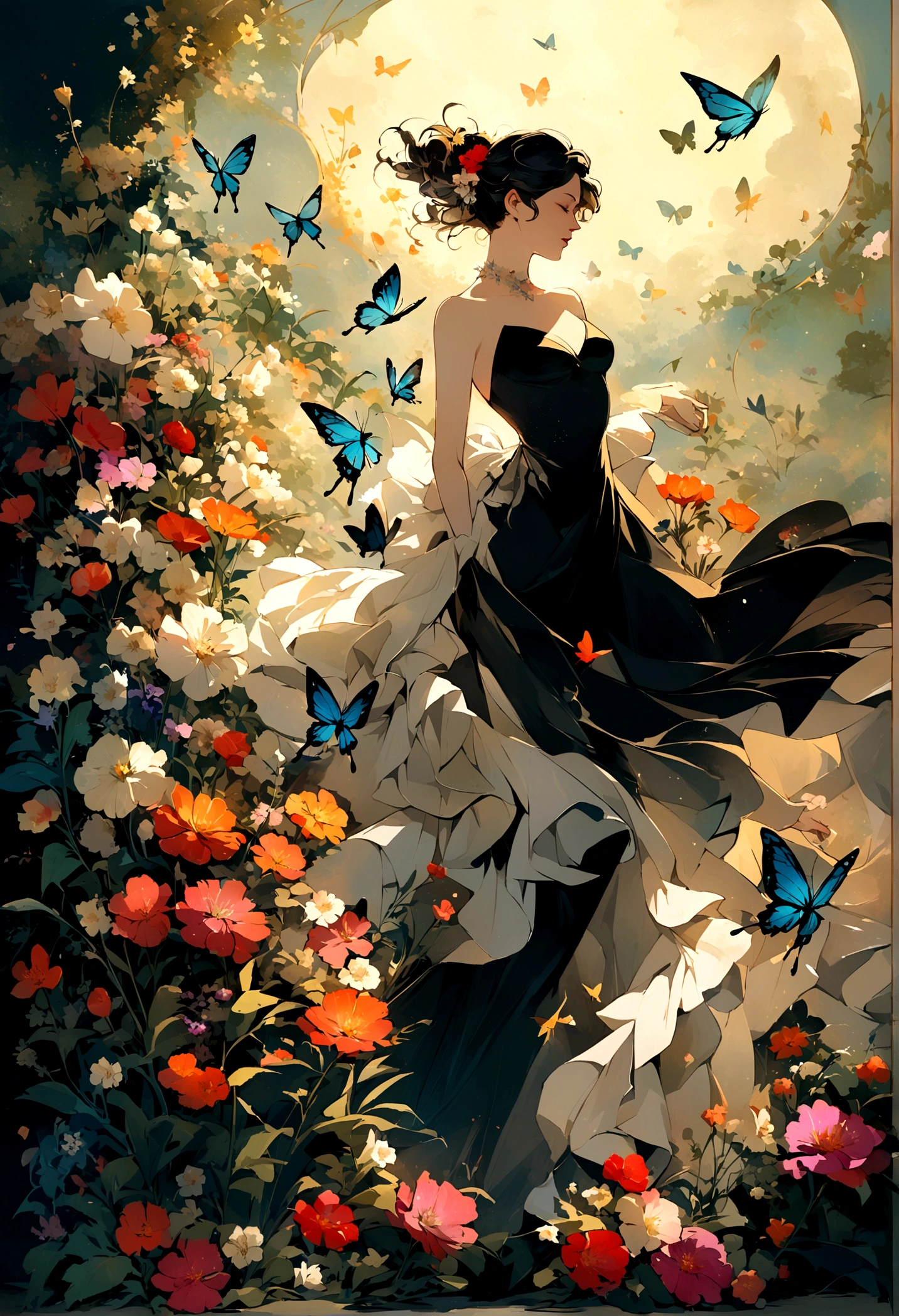 chaos, elegant, vivid colors, art by Anne Bachelier, atmospheric, a woman, elegant, butterflies, flowers blooming, moving, dramatic, whole body, Organic composition