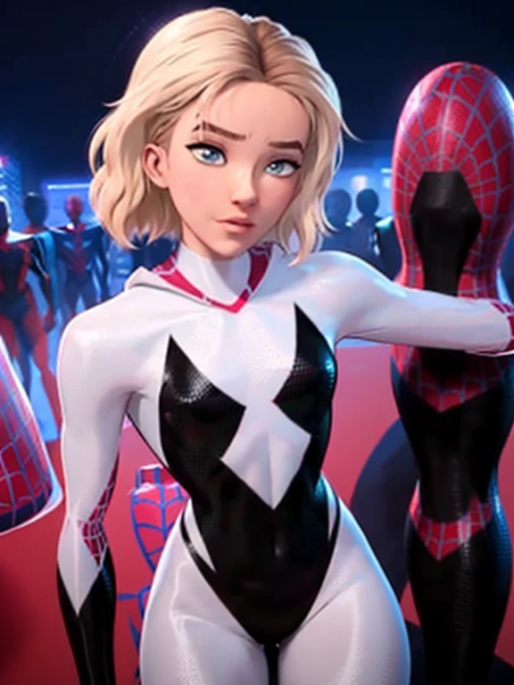 Spider-Man Gwen,White costume,Black Spider Symbol,ballet shoes,golden ratio body, Flexible housing,calm expression on his face,New York City at Night,Beautiful gestures,heroism,Majestic view,Abs