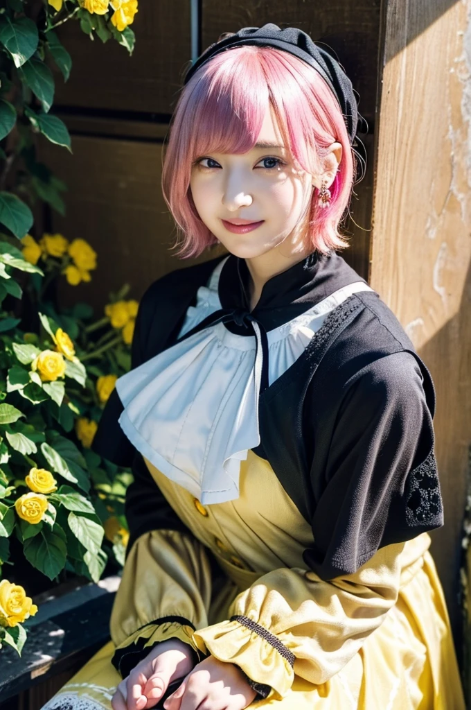(8K, Highest quality, masterpiece:1,2), (Realistic, Photorealistic:1.37), Super detailed, One Girl,), (Very detailed), (Beautiful and detailed eyes), (Highest quality), (Very detailed ), (masterpiece), (Detailed face),20-year-old, ,1 Girl, ((Pink Hair,Very short hair)), Medium chest, Dressed, Perfect lighting, break (Yellow Gothic Lolita:1.4), Black lace cardigan, Yellow floral dress, Fluffy skirt, Tight Top, Black Ribbon, Black Button, Black knee socks, Black Loafers, Black headband, Black earrings, break bangs on left side, Tuck your hair behind your right ear, Black headband, smile, Eyes look at the camera, Open your mouth a little, right hand lift Black lace cardigan, Cross your left hand in front of your chest, garden, Colorful flowers, Mainly pink and yellow, Match your hairstyle and outfit, Natural light, Sunlit Garden, A soft light on the face, Few shadows, Bright atmosphere