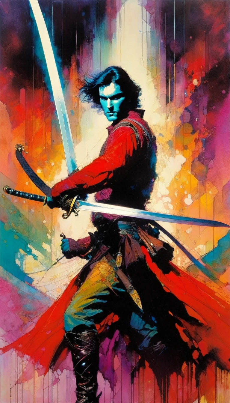 man with two swords, work inspired by Bill Sienkiewicz, vivid colors, intricate details, oil.