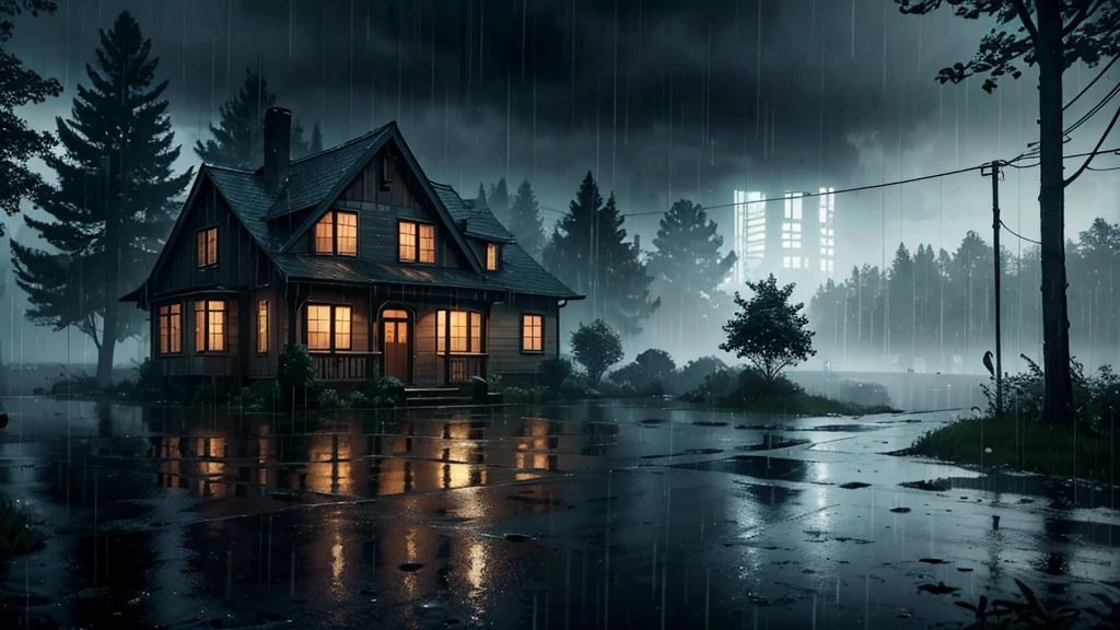there is a house in the rain with a lot of rain on it, a lot of trees, a matte painting inspired by Gregory Crewdson, shutterstock, realism, gloomy weather. hyperrealistic, rainy scene, at evening during rain, rainy day. game render, rainy evening, rainy night, raining at night, cryengine render 8 k, rain falling, unreal 6 breathtaking detailed