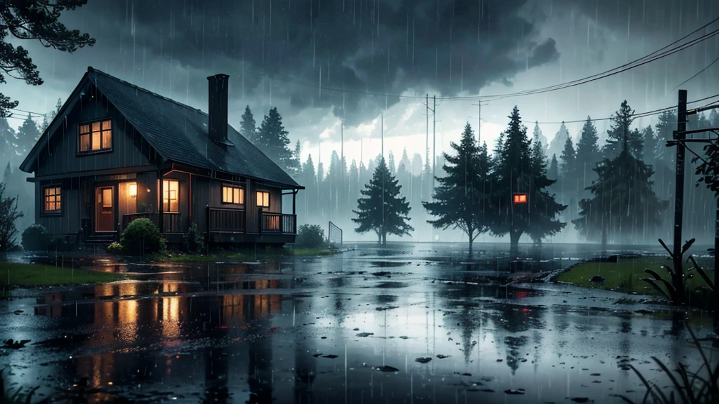 there is a house in the rain with a lot of rain on it, a lot of trees, a matte painting inspired by Gregory Crewdson, shutterstock, realism, gloomy weather. hyperrealistic, rainy scene, at evening during rain, rainy day. game render, rainy evening, rainy night, raining at night, cryengine render 8 k, rain falling, unreal 6 breathtaking detailed