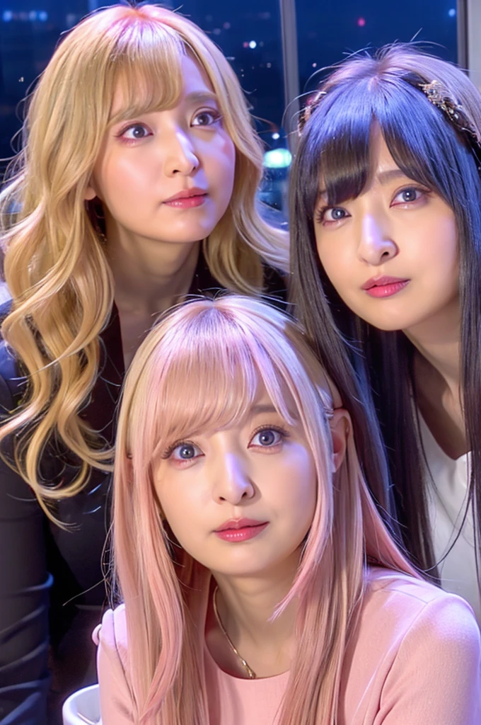 Ai Hoshino, beige pink hair, Blue Hair,Long Hair, favorite , beautiful, Shining Eyes, the stars are reflected in my eyes, Idol, ２By people, 2 girls, Long pink hair