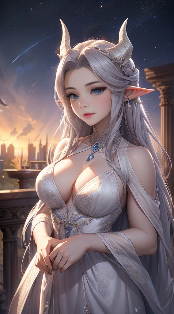 unreal engine:1.4,UHD,The best quality:1.4, photorealistic:1.4, skin texture:1.4, Masterpiece:1.8,White Dragon Queen, young and mature woman, Long elf ears, elegant dress, big chest, curve, Dragon Ling Vawy Hair, super long hair, Smooth Face Features, White dragon horns on his head, majestic woman, silver decoration om your dress, Silver Star Queen,big blue eyes, Cherry Lips, white dragons, starry sky