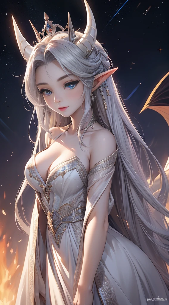 unreal engine:1.4,UHD,The best quality:1.4, photorealistic:1.4, skin texture:1.4, Masterpiece:1.8,White Dragon Queen, young and mature woman, Long elf ears, elegant dress, big chest, curve, Dragon Ling Vawy Hair, super long hair, Smooth Face Features, White dragon horns on his head, majestic woman, silver decoration om your dress, Silver Star Queen,big blue eyes, Cherry Lips, white dragons, starry sky