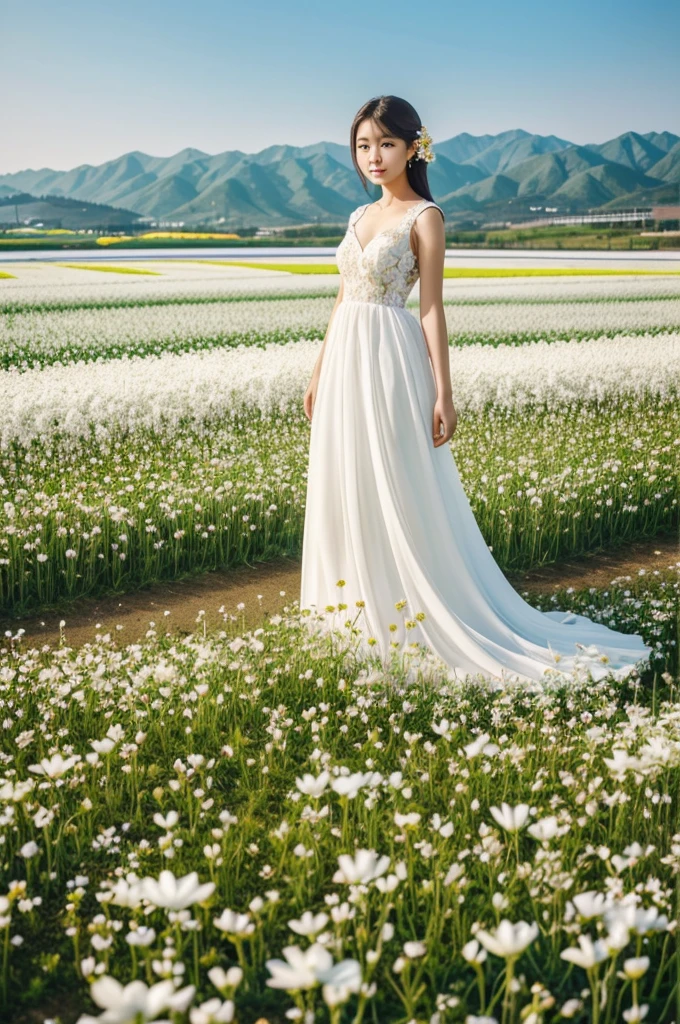 A woman in a white dress stands in a flower field, beautiful Korean women, beautiful young korean woman, standing in flower field, There are flowers, Girl in the flowers, gorgeous young korean woman, standing in flower field, jinyoung shin, girl standing in flower field, The aesthetic field of flowers, with frozen flowers around her, girl frontal lobe in flower field