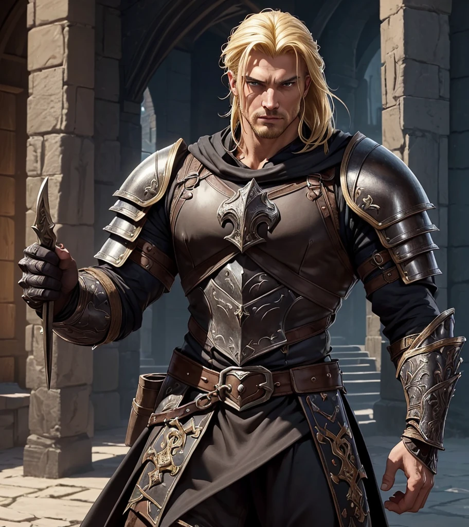 (((Solo character image.))) (((Generate a single character image.)))  (((Dressed in medieval fantasy attire.))) (((Very sexy facial expression.))) (((Dressed in medieval fantasy attire.))) Art style by J Scott Campbell.  Looks like a fierce, rugged male medieval fantasy gladiator.  Looks very imposing and sinister.  Looks like a stone cold killer.  Looks like a powerful, muscular male gladiator for Dungeons & Dragons.  Looks fierce, dangerous and deadly in a medieval fantasy setting.   Looks darkly sexy and attractive.  (((erotic and risque pose))), (((oiled body))), (((ideal male physique))), (((looks like a dark sexual fantasy))), (((luxurious and sexy blonde hair))), A single character portrait, fantasy art, fantasy attire, attractive, very sexy, muscular, powerful body, detailed muscles, youthful, (((sexy man in his early 20’s))), (((intense, serious stare))), powerful, dangerous,  (((sexy armor))), revealing armor, gorgeous face, sexy mouth, Dungeons & Dragons character portrait, intricate details, ultra detailed, extremely detailed hands, ultra detailed clothes, combat ready pose, ultra detailed hands, epic masterpiece, ultra detailed, intricate details, hyperdetailed hands,  award winning, fantasy art concept masterpiece, trending on Artstation, digital art, unreal engine, 8k, ultra HD, centered image
