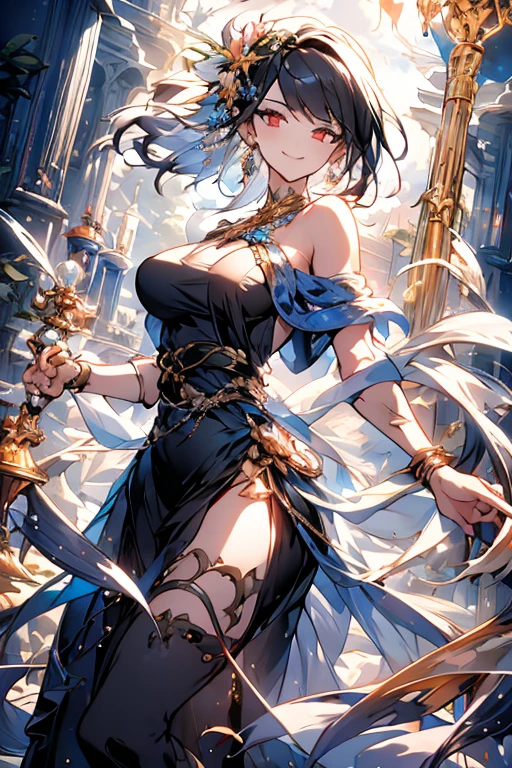 (dynamic angle:1.3, front view:1.1, breast focus:1.3, from below:1.2), (dynamic posing:1.5, sexy posing:1.2, leaning forward), (seductive smiling:1.3),(*K) HD, highest quality, Anime style beutiful woman, 1girl,fullbody, happy, (with sparkling eyes and a contagious smile:1.2), red face, closed mouth, beautiful detailed eyes, super detailed skin, backlighting, bare shoulders, black background, black dress, black gloves, silver hair, breasts, dress, earrings, fingerless gloves, floating hair, floral print, flower, gloves, gold earrings, gold hairband, hair flower, hair ornament, hairband, holding, holding two-hands weapon, jewelry, medium breasts, long hair, looking at viewer, off-shoulder dress, off shoulder,red eyes, short hair with long locks, sidelocks, solo, spikes, thighs, two-sided dress, two-sided fabric, weapon, fighting stance , face, close up, from above, highest quality, high resolution,Real World, Natural light,perfect Natural light,looking at viewer,