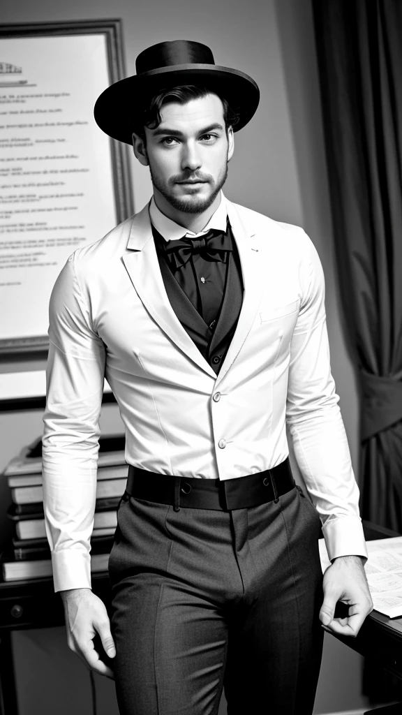 A sexy gentleman,Victorian era fashion, handsome face, black and white photo, homoerotic , focus from head to thighs, crotch, mysterious expression ,nsfw