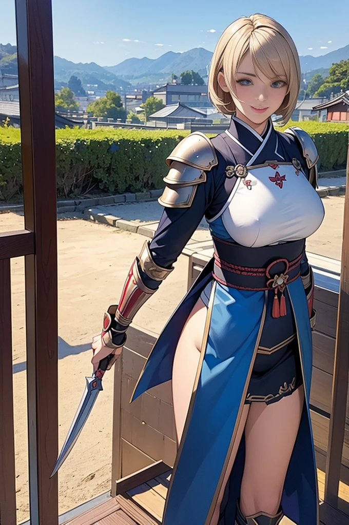 masterpiece, Highest quality, Absurd, Perfect Anatomy, One girl, alone, Asheria, short hair, Blonde, (kunoichi), Japanese Armor, Pauldrons, Are standing, Outdoor, Japanese Village, smile, Confident posture, Dynamic Angle, 
