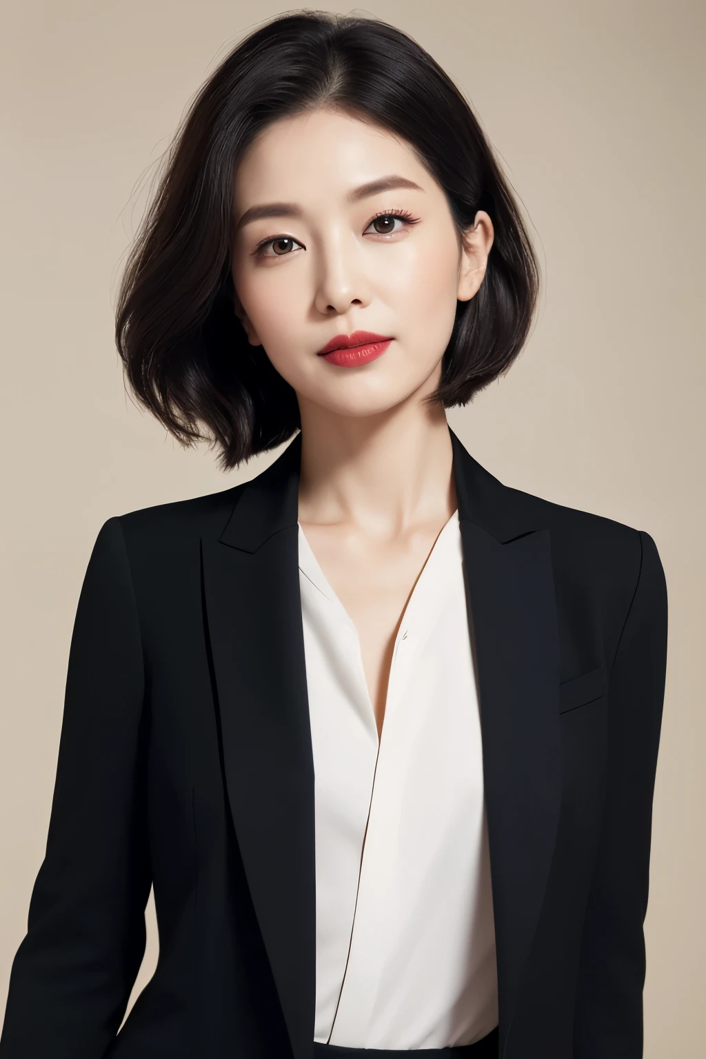 (Ultra-high Definition, 8K, Masterpiece: 1.3), striking features: 1.4, captivating elegance: 1.2, Menswear-inspired attire: 1.2, edgy bob haircut: 1.3, monochrome colours: 1.1, dark suit jacket, crisp white shirt, black trousers, red tie, black leather loafers: 1.2, intense gaze that speaks volumes: 1.4, sophisticated makeup: 1.2, subtle blush, defined eyebrows, bold red lipstick: 1.3, standing confidently: 1.5, polished de
