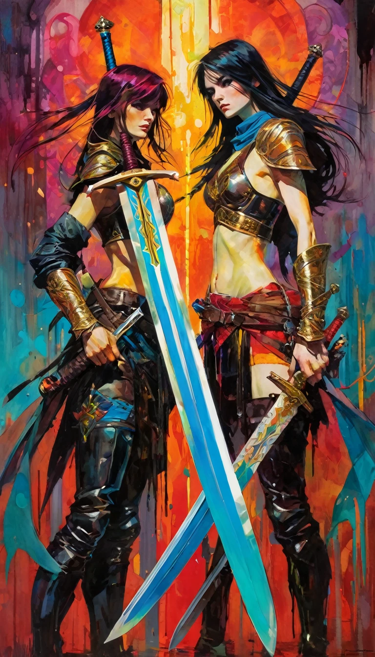 two swords, work inspired by Bill Sienkiewicz, vivid colors, intricate details, oil.