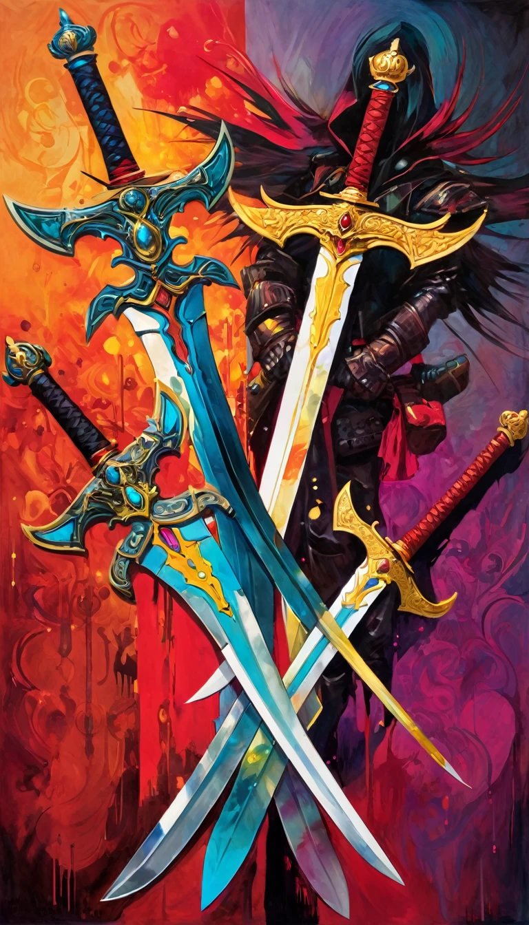 two swords, work inspired by Bill Sienkiewicz, vivid colors, intricate details, oil.