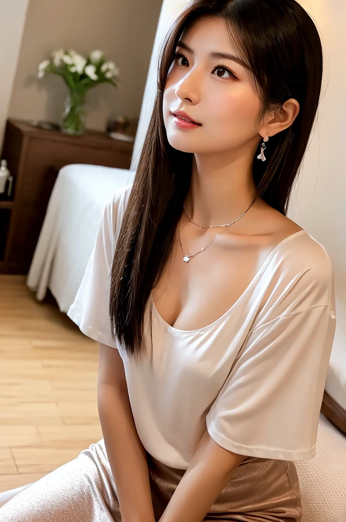 ((white t-shirt)),hot pants,massage parlor,((full body)),((photo)),((best qualtiy, 8K, tmasterpiece:1.3)), Focus:1.2, perfect figure beautiful girl:1.4,1girl,cowboy shot,look at viewer,incredibly absurd, beautiful and cute girl with a photorealistic face, showcasing top-quality craftsmanship, Japanese woman working at a massage parlor, 20 years old, straight black hair down to the jaw line, silky and straight hair, fair and clear skin, small face, straight nose, large round brown eyes, long eyelashes, plump cherry-colored lips, well-defined eyebrows, clean-cut face, long neck, beautiful décolleté line, , delicate, slender, beautiful C-cup breasts, silver necklace, small earrings, pretty older woman, beautiful, neat, soothing, devilish type, calm demeanor, soft-spoken, curious, likes alcohol, likes to try new things, mature, June