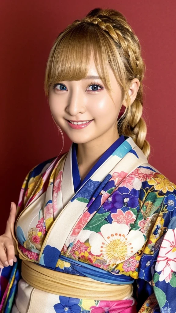 Blonde kimono beauty、Gorgeous floral patterned kimono、My cute girlfriend is a kimono model..、Brown eyes、Beautiful smile、He is short、Braiding、hair ornaments、Colorful and showy kimono、