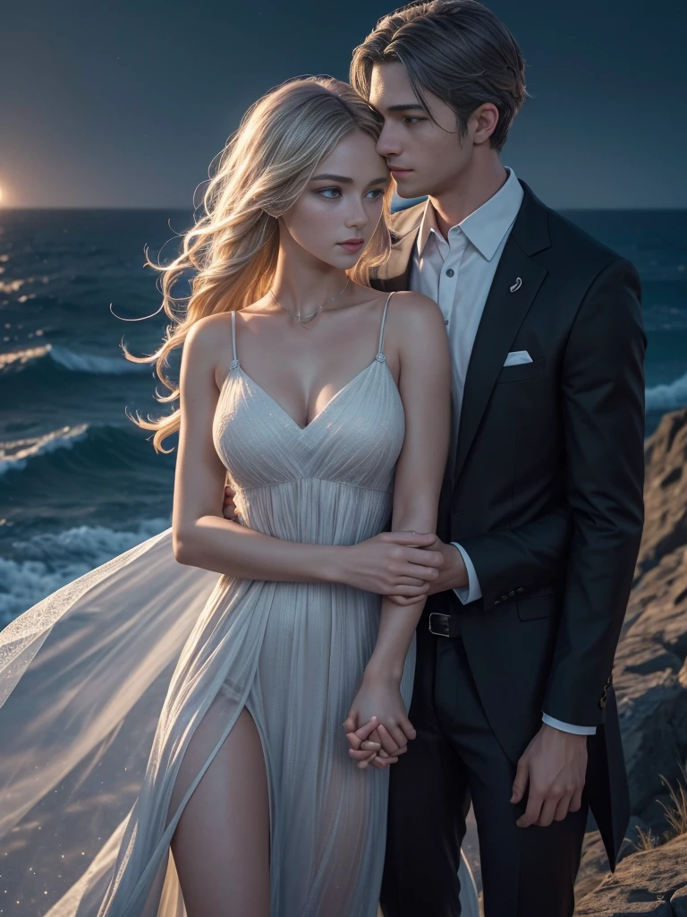 Alleia and Malcolm standing together on a cliff overlooking the ocean on Slaphnyr Island under a starry, moonlit sky. Alleia, with her blonde hair and light blue eyes, is wearing a delicate, flowing dress, while Malcolm, with his dark purple hair and black eyes, is in a sleek, dark outfit. They are holding hands, with magic sparks swirling around them, symbolizing their powerful bond. The moonlight casts a gentle glow over them, highlighting their features and the serene, romantic atmosphere, (photo realistic:1.4), (hyper realistic:1.4), (realistic:1.3), (smoother lighting:1.05), (increase cinematic lighting quality:0.9), 32K, realistic lighting, ray trace, (brightening light:1.2), (Increase quality:1.4), (best quality real texture skin:1.4), finely detailed eyes, finely detailed face, finely quality eyes. (UHD, retina, masterpiece, accurate, anatomically_correct, textured_skin, super_detail, high_details, high_quality, best_quality, high_res, 1080P, HD, 4K, 8k, 16k), (beautiful_detailed_eyes, beautiful_detailed_lips, extremely_detailed_eyes_and_face), soft_lighting, physically-based_rendering, vivid_colors, (Best Highest Quality, 8K, High Resolution, Masterpiece:1.2), Ultra Detailed, Extremely Fine, (Realistic, Photo Realistic:1.37.