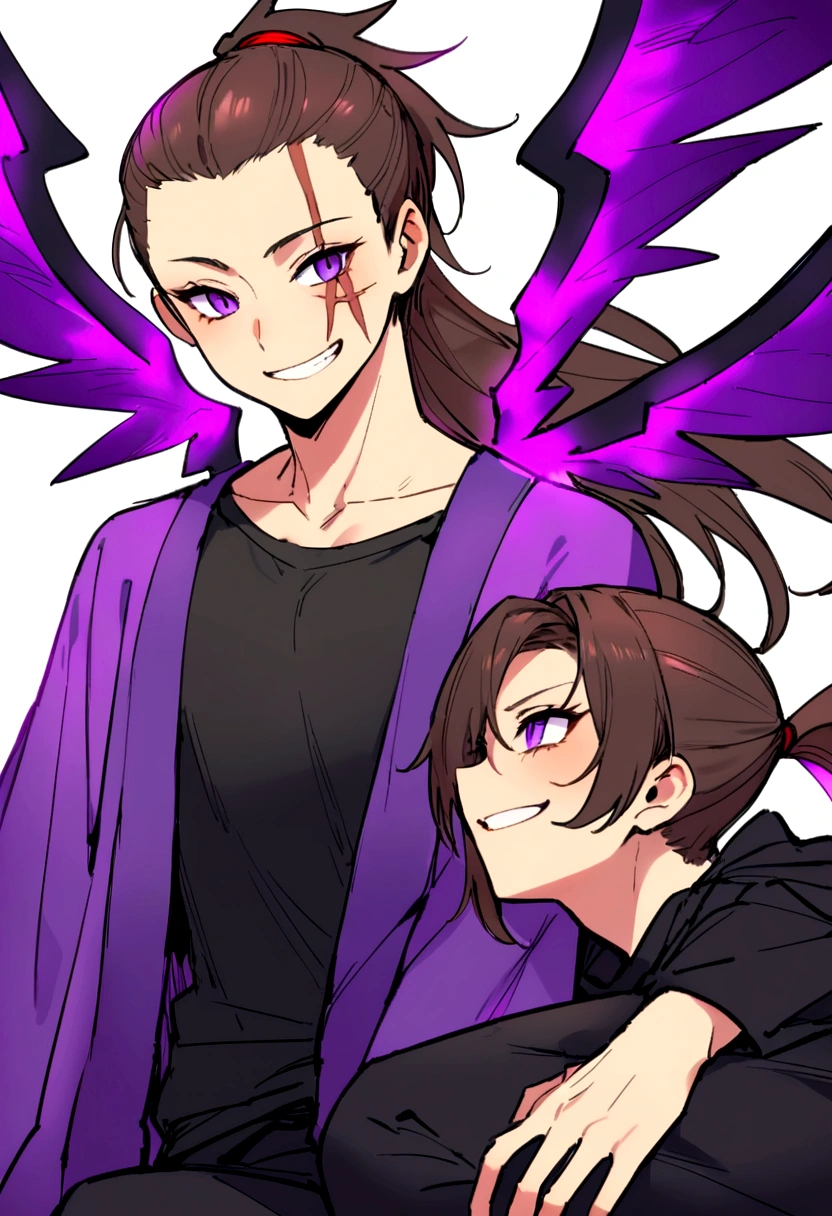 Man about seventeen, brown hair pulled back into a high long ponytail, purple dead eyes, mouth twisted into a grin, average height, Wearing a black t-shirt, black pants, purple haori on top. There is a scar in the shape of a lightning bolt under the right eye.. Two wings grow from the back like a fairy&#39;s