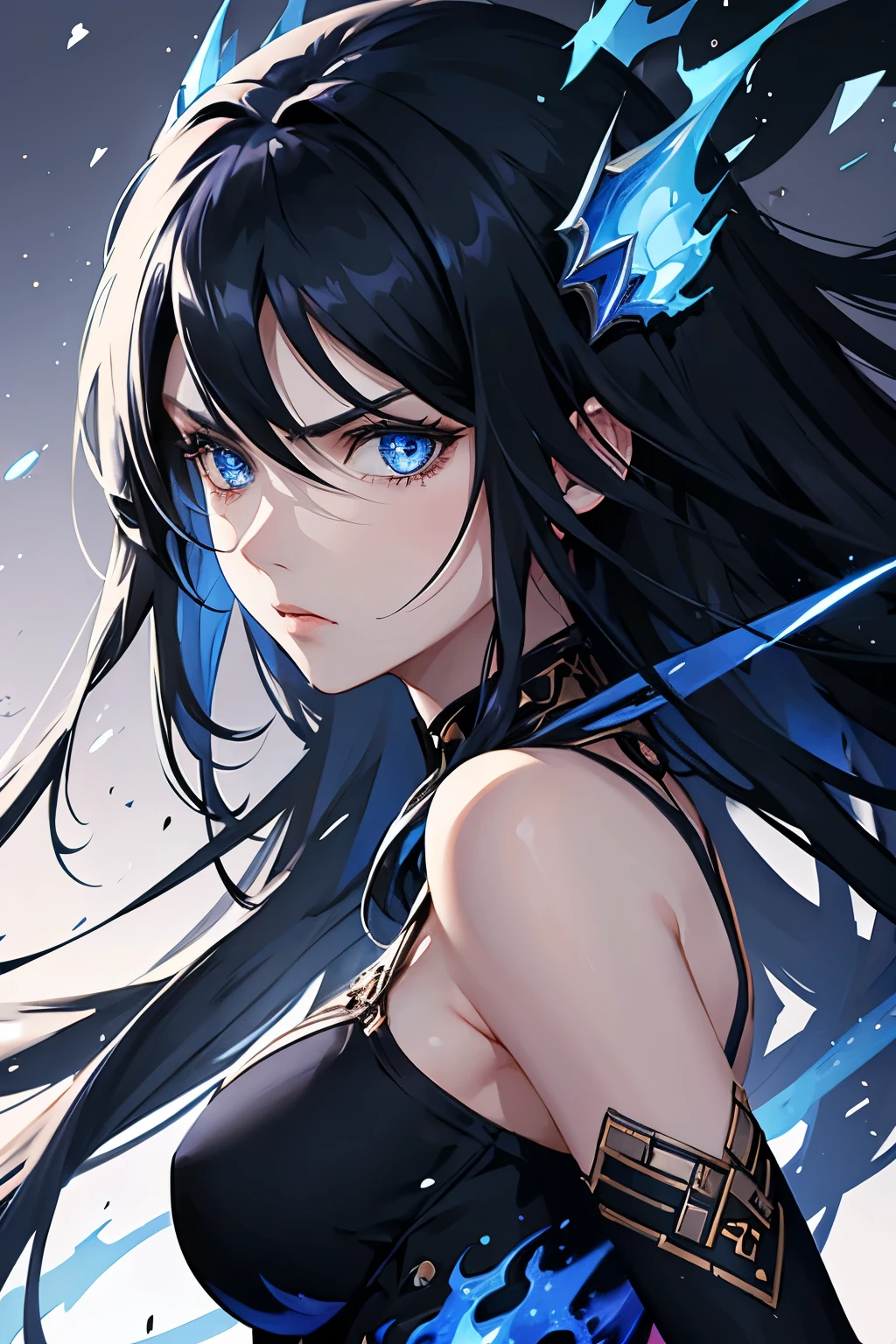 1 Woman, Blue eyes, black hair, beauty. Long hair. Angry, blue fire. Elegante. 