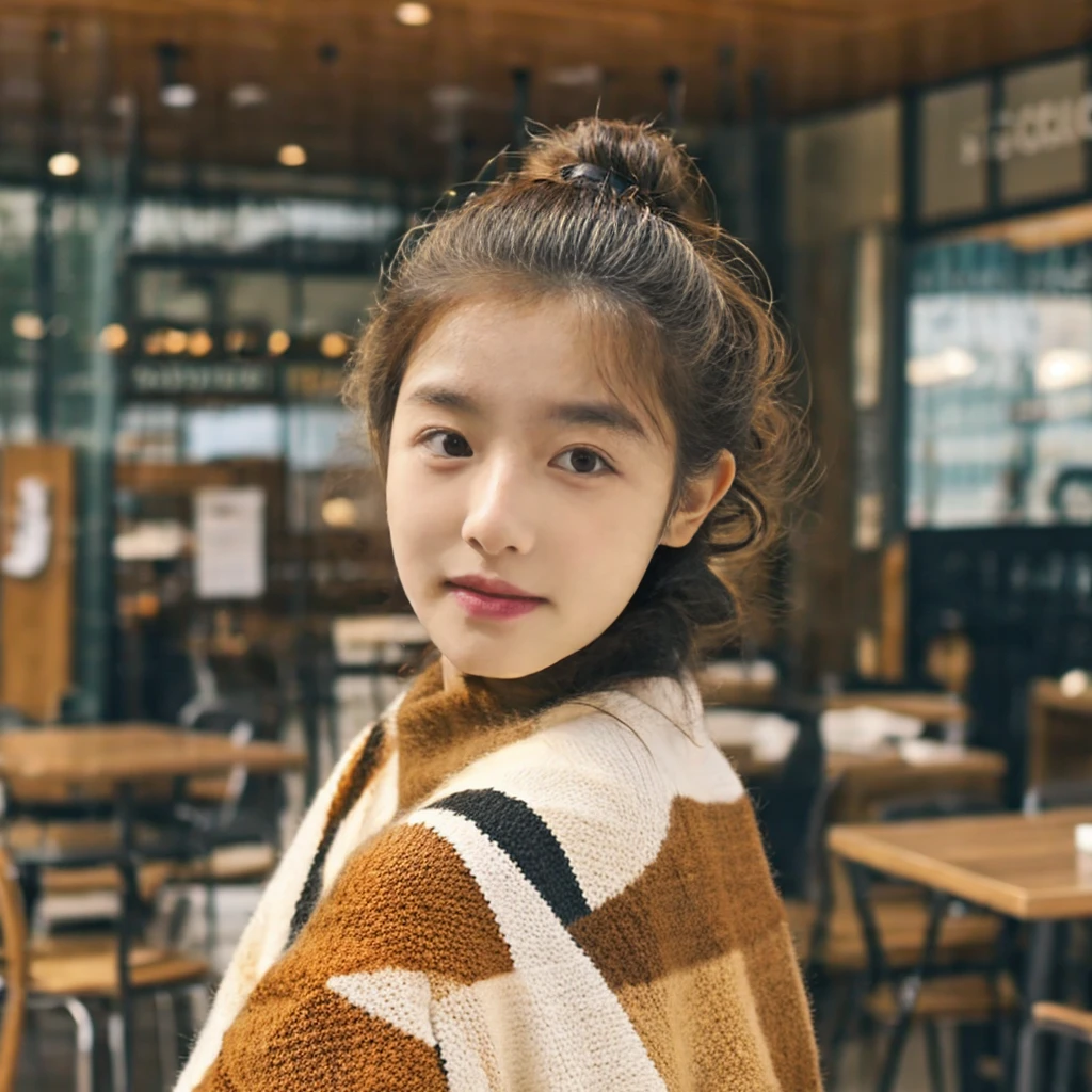 A 23 yo girl in border colored knit with beige and white, portrait, close up, looks front, (strong make up:1.2), curly ponytail, brown hair, orange red cheek, smooth skin, in a starbucks, iced coffee on table, blurred brown door in background