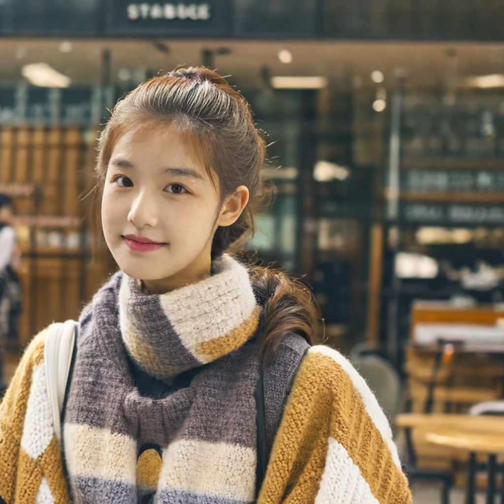 A 23 yo girl in border colored knit with beige and white, portrait, close up, looks front, (strong make up:1.2), curly ponytail, brown hair, orange red cheek, smooth skin, in a starbucks, iced coffee on table, blurred brown door in background