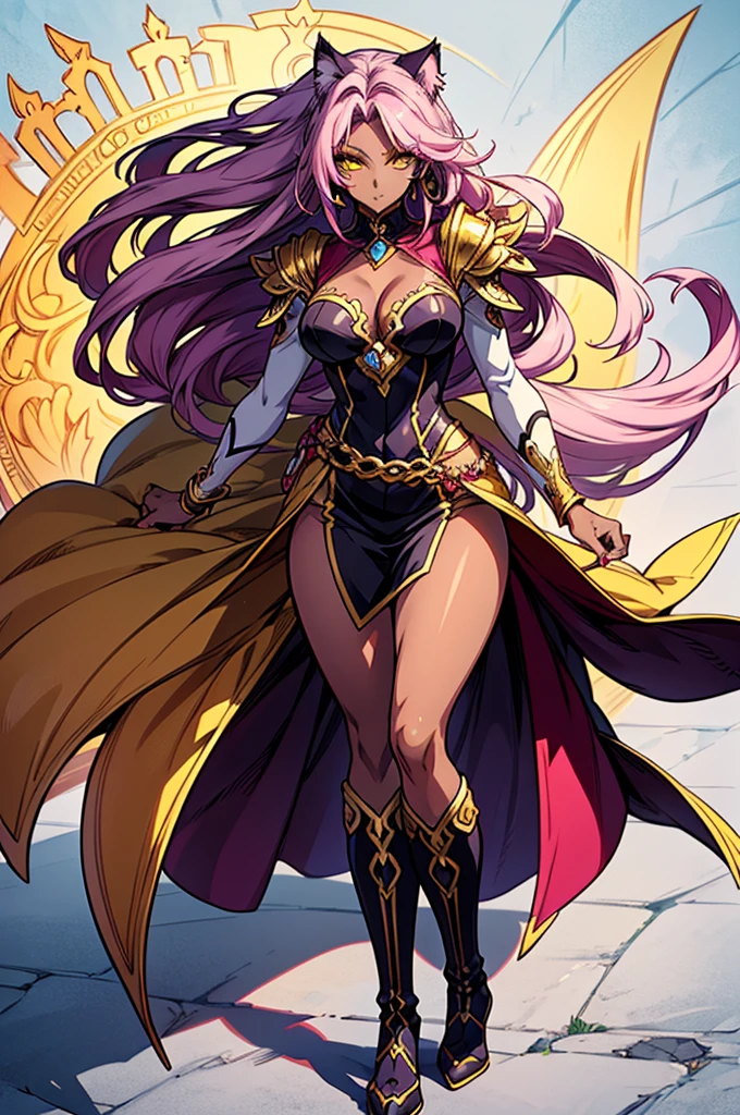 There is lost coliseum there stand female lionessin battle stance, she have ebony colour skin beautiful yellow cat eyes dark gold eyeshadows make up, ring style earrings, her hair is purple with pink highlights . she dressed in white neather topic with golden parts on countures also short and white leather straps on her cat legs instead of boots, her hands have hude ruby claws on her fingers, (ultra high quality fantasy art, anime fantasy style, masterpiece, ultra high quality character design, 8k quality anime art, realistic anime art, top quality wallpaper illustration, detailed ultra high quality accurate face, high quality design and accurate physic)
