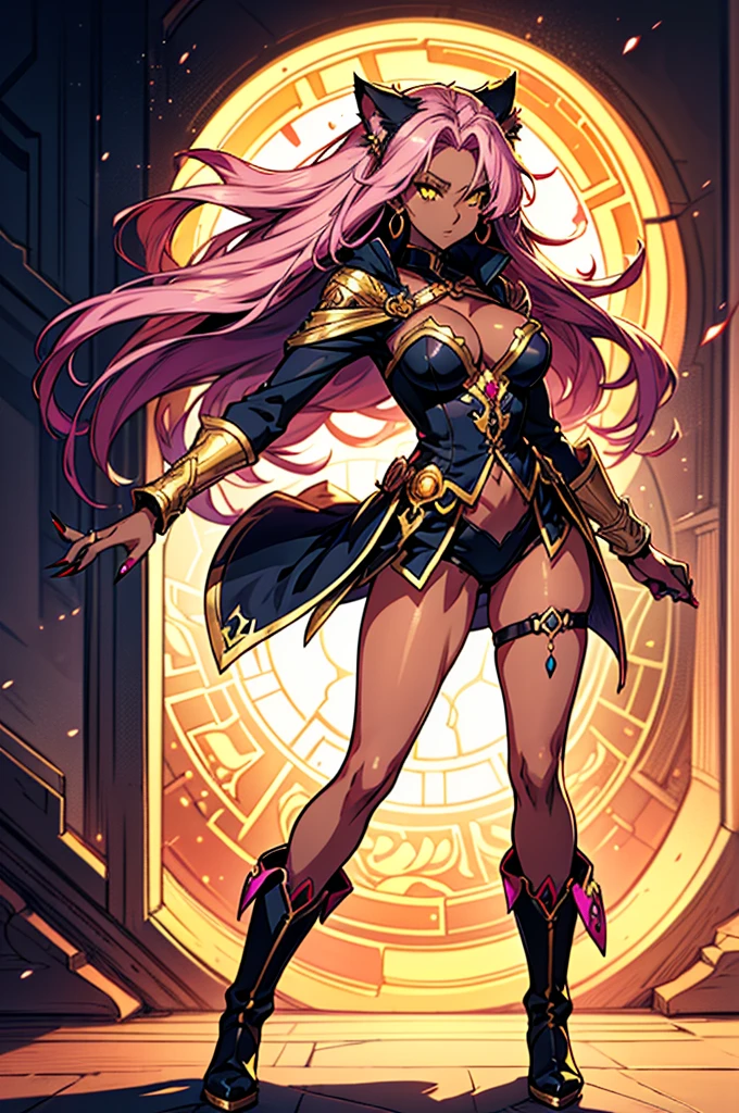 There is lost coliseum there stand female lionessin battle stance, she have ebony colour skin beautiful yellow cat eyes dark gold eyeshadows make up, ring style earrings, her hair is purple with pink highlights . she dressed in white neather topic with golden parts on countures also short and white leather straps on her cat legs instead of boots, her hands have hude ruby claws on her fingers, (ultra high quality fantasy art, anime fantasy style, masterpiece, ultra high quality character design, 8k quality anime art, realistic anime art, top quality wallpaper illustration, detailed ultra high quality accurate face, high quality design and accurate physic)