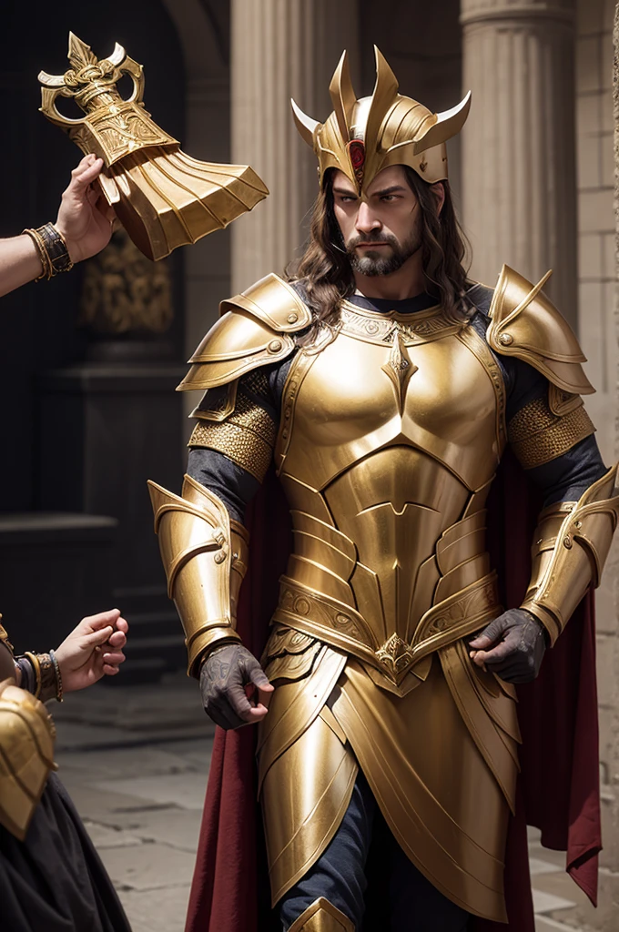 Generate a realistic image of the god Ares handing armor to a devotee