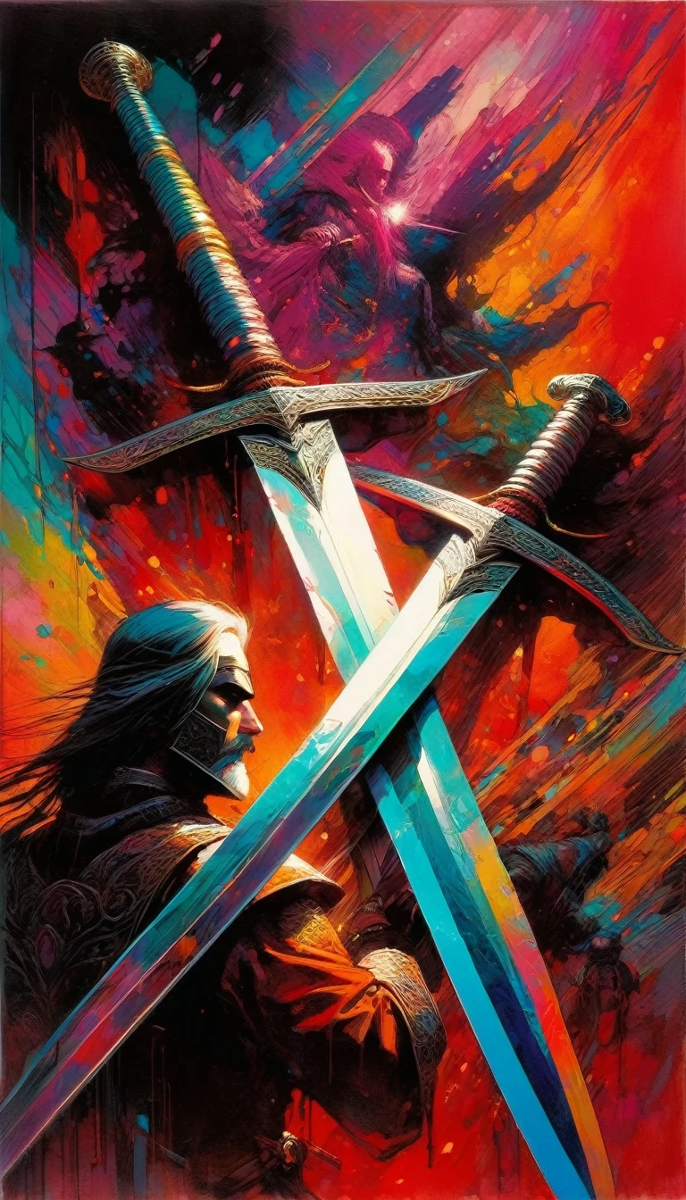two swords, work inspired by Bill Sienkiewicz, vivid colors, intricate details, oil.