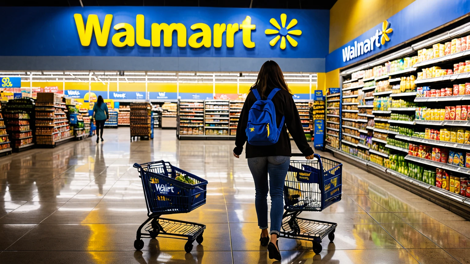 a woman going to the Walmart supermarket at night