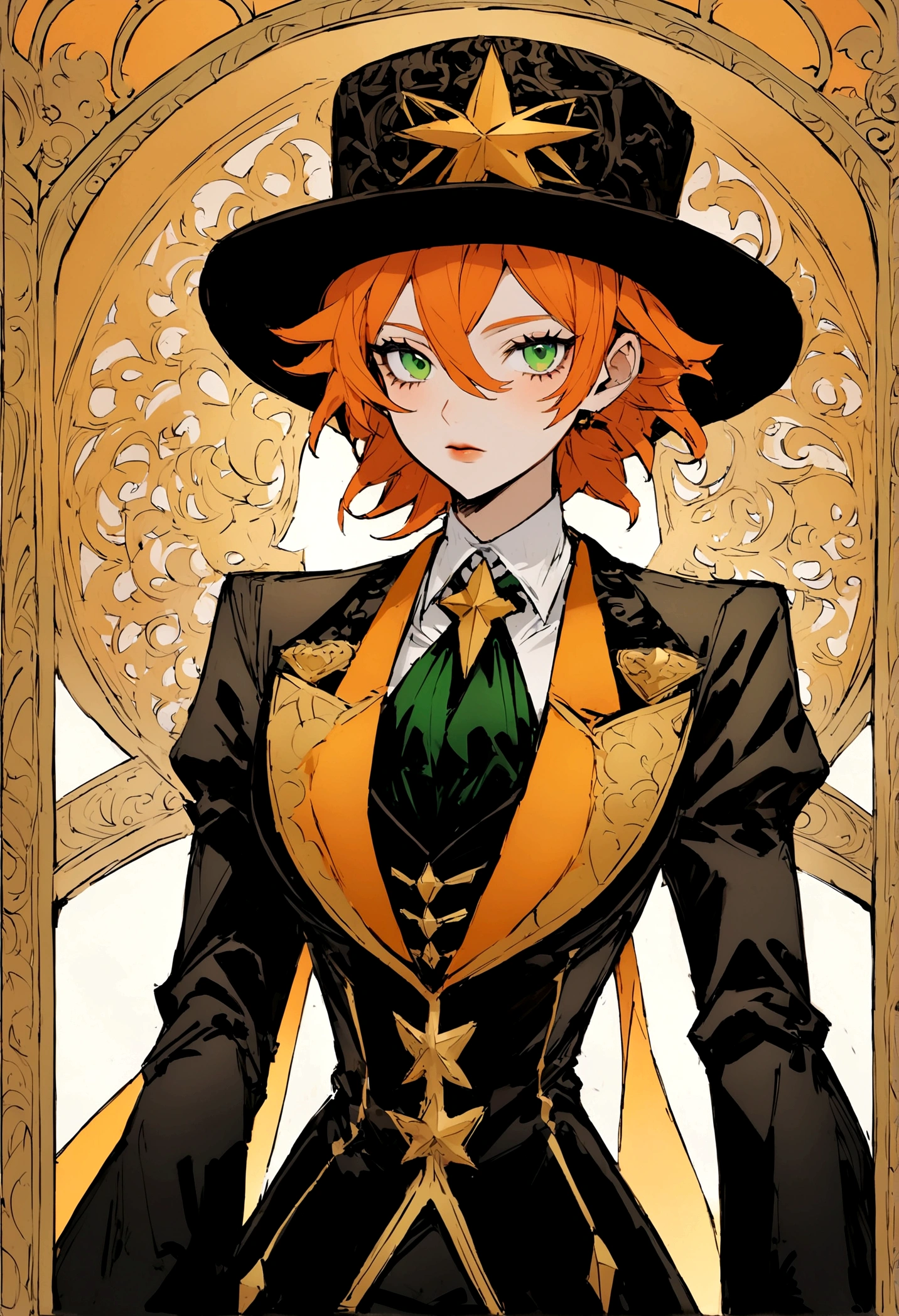 BNHA style hero costume, must look like a magician. It should be a masculine suit for a slim body. Includes a witcher's hat and corset. The model must have orange hair, light skin and green eyes.