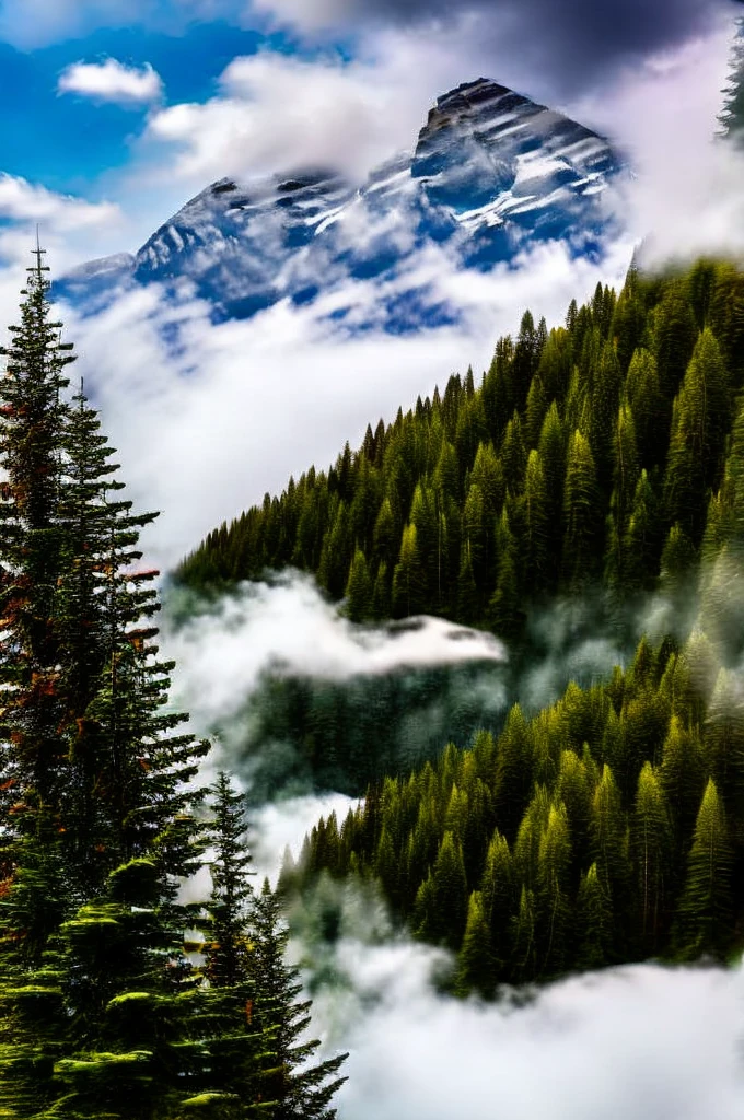 conifer forest misty cloudscapes road mountain cliffs autumn