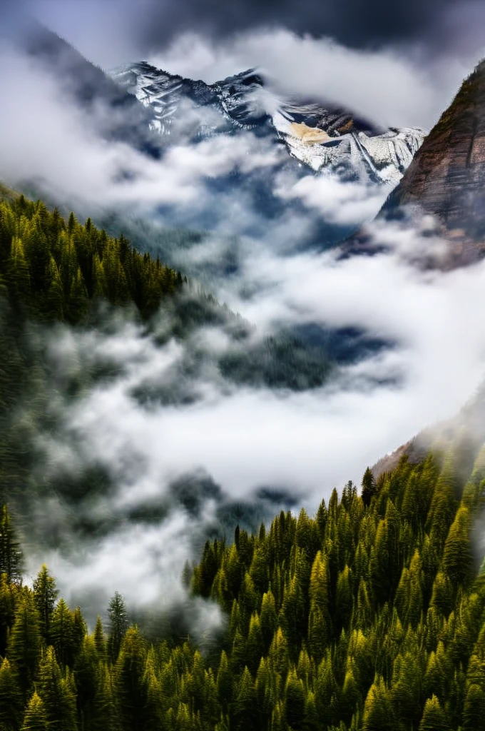 conifer forest misty cloudscapes road mountain cliffs autumn